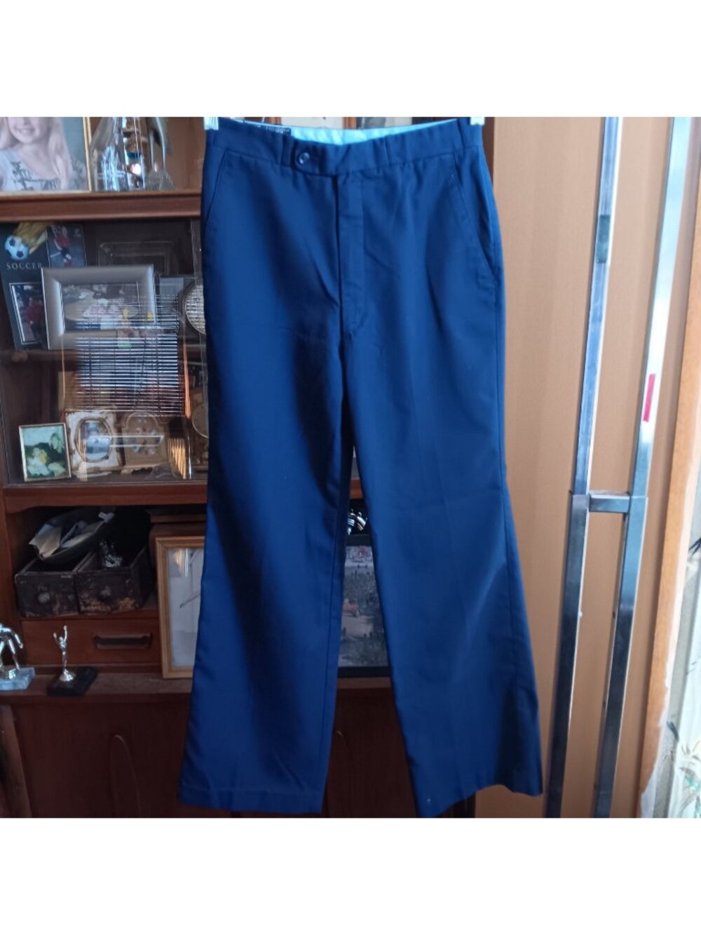27x30 True Vintage Mens Navy Blue Dress Pants Rayon Blend Slim Fit Flare 1970s